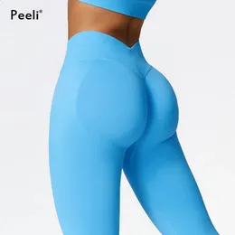 Yüksek Bel Yoga Pantolon Kadın Scrunch Spor Salonu Spor Spor Fitness Derigiz Popo Kaldırma Sakinsiz legging V Geri Ganimet Taytları 240402