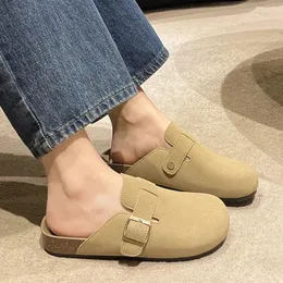 Тапочки замшевые квартиры женщины Slingback Shoes Summer Mules Slides 2024 Модные повседневные шлепанцы Платье Женские сандалии