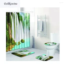 Bath Mats 4Pcs Waterfall Blue Lake Banyo Set Anti Slip Bathroom Tapete Banheiro Washable Toilet Rugs Alfombra Bano