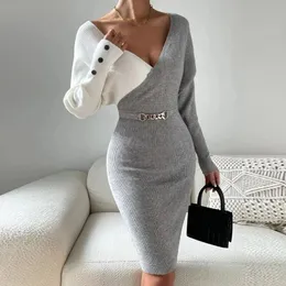 Autumn Contrast Color V-neck Wrap Party Dress Women Slim Bodycon Rib Knitted Hip Dress Winter Batwing Long Sleeve Office Dresses 240402