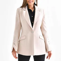 Turkish Quality Long Beige Women Blazer Jacket Front Button Fastener Sleeves Pockets Special Stylish Coat for Elegant Clothing