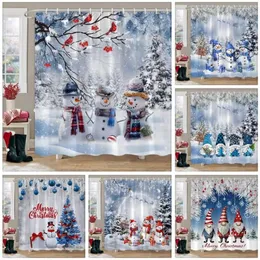 Cortinas de chuveiro Curta de Natal azul de inverno Cortina de neve Presente Merry Polyester Washable banheiro decoração de banheiro