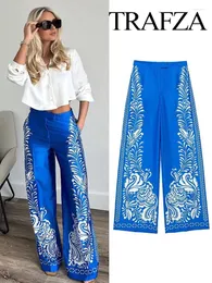 Frauenhose Trafza Frühlingsmodische Frauen Langblaues Blaupause High Taille Taschen Button Reißverschluss Hosen weibliche Bohemian Style Wide Bein