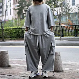 Street Hiphop Casual Suit Summer Loose Bboy Two-piece Retro Solid Color T-shirt Jacket Skateboard Overalls Trousers Streetwear 240321