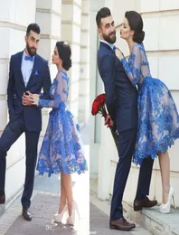 2019 LACE Floral Blue Aline Short Prom Homecoming Dresses Puffy kjol Dubai Arabisk stil långärmad knälängd Graduation Party3290549