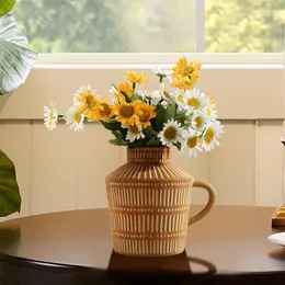 花瓶ボヘミアンフラワー花瓶クリエイティブセラミックハンドルアレンジメントで手描きリビングルームの装飾デスクトップオーナメントクラフト