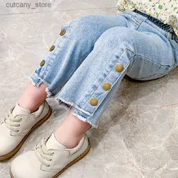 Брюки девочки джинсы весна и осенью Новая корейская версия Baby Girl Casual Butress Button Elastic Fashion Kids Children Franced Pants L46