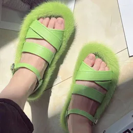 Slippers 2024 Summer Women's Roman Sandals Natural Mink Hair Fashion Leisure Indoor Soft Sole Home مريحة