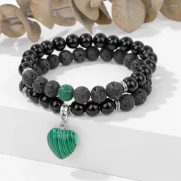 Strand Natural Stone Lava Black Onyx Fashion Malachite Heart Bracelets 2pcs/Set Men Femme Женщины ювелирные изделия