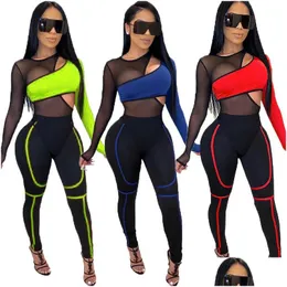 Два куска платья 2 Joggers Set Women Mesh Work Trablest Suit наряды спортивная одежда неоновая одежда соответствующие наборы бегают бегают Femme Plus Dize Drop D Dh6x3