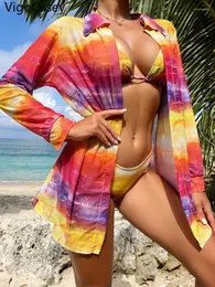 Damen Badebode Vigocasey Sexy Print 3 Piece Long Sleeve Smock Bikini Set Women 2024 Neckholder Push Up Badeanzug Hoch geschnittener Strandanzug Badeanzug