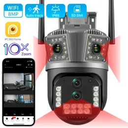 Kameror 8MP 4K WiFi Camera Outdoor Four Lens Three Screen 10x Hybrid Zoom AI Auto Tracking CCTV Security Camera Outdoor PTZ IP Camera