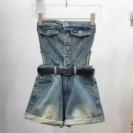 Shorts Frauen Jeans kurzes schickes Design vielseitiges Alter reduzieren Hottie One Line Kragen vom Schulterröhrchen -Top Denim Schnüre -up -Overall für Frauen