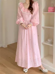 Casual Dresses Alien Kitty Elegant Autumn OL Maxi Dress Princess Women Chic Loose Sweet 2024 Full Sleeve Florals Lace Office Lady Daily