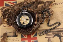 Pocket Watches Luxury Black Pocket Vintage Hand-WInd Mechanical Steampunk Men es Roman Numerals Clock With Fob Chain Reloj Hombre L240402