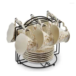 Tassen English Exquisit Coffee Set Bone China Tassen und Untertassen mit Löffel Tasse Halter Keramiktee für 6 Menschen