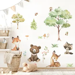 Aquarell Waldtiere Cartoon Bärer Hirschmauer Wand Aufkleber für Kindergarten Kinderzimmer Jungen Babyzimmer Dekoration Wohnkultur 240401