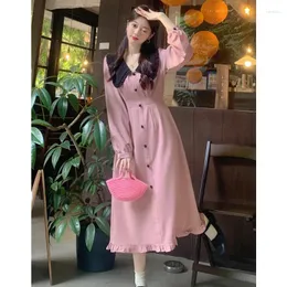 Casual Dresses Large Size Women's Long Sleeve Sweet Super Slim Flounced Skirt Solid Color Midi Dress