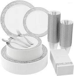Einweg -Geschirr 210 Zählen Silberplastikplatten umfassen 30 Dessertbecher zu Abendessen