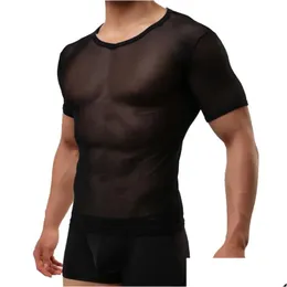 Men'S T-Shirts Mens Y Skinny T Shirt Men Tops Black See Through Mesh Short Sleeve Tshirt Perspective O Nek Underwear Nightwear Drop De Dhlwb