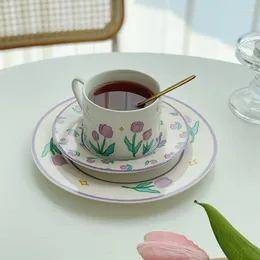 Xícaras picadas de tulipa roxa conjunto de café cúspo de cozinha osso copo de porcelana e define chá p