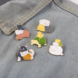 Kitten Stack Enamel Pins Kawaii Tortoise Kittens Playing Stack Metal Brooches Animal Badges Pins up Gift for Cat Lover