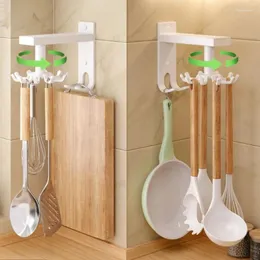 Kitchen Storage 360-Degree Rotating Organizer Plate Rack For Space-Saving Of Cooking Utensils With Wall-Mounted Hooks