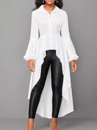 LW 비대칭 라인 블라우스 드레스 긴 소매 티셔츠 평범한 흰색 맥시 드레스 라펠 목 버튼 우아한 사무실 멍청이 240325