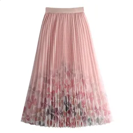 Tigena Tulle Langer Rock für Frauen 2024 Frühlings Sommer Korean süßer Blumendruck eine Linie hoher Taille Plissee Midi Mesh Frau 240323