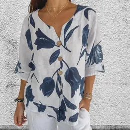 Blusas femininas camisa feminina leve e respirável elegante vos de folha de pescoço V para retro de três quartos de manga macia
