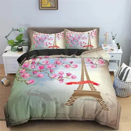Bedding define Paris Eiffel Tower King Duvet Capa Tema romântico Sweet Casal Set Microfiber Red Flowers Consolador para menina adolescente