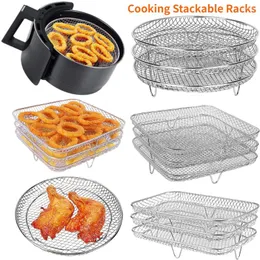 Doppelkessel 3-layer Rösten Rack Air Fryer Accessoires Edelstahl Stapelstapelgitter Grill Küchenofen-Dampfkocher Gadgets Gadgets