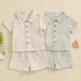 Kläder sätter Axyrxwr Toddler Kids Boy Summer Outfits randig tryck Kort ärmknapp ner skjortor med elastiska midjeshorts