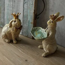 American Light Luxury Retro Resin Crown Rabbit Tray Storage Desktop Ornaments 홈 장식 Fairy Tale 정원 인형 공예 240329