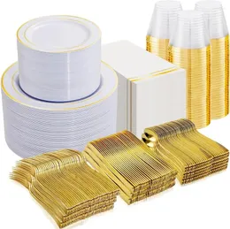 Disposable Dinnerware 700PCS Gold Plastic Plates - 100 Guest White With Rim Include Dinner Dessert