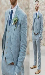 Fashion Men Linen Suits Beach Summer Wedding Groom Tuxedos 3 Pieces Two Buttons Groomsmen Suit Jacket Vest Pants Tie Notched Lapel6810234