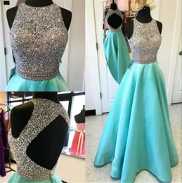 바닥 길이 Aline Sleeveless Crystal Luxury Halter Prom Dresses Blue Beading Open Back Evening Dress Blue Party Gowns6400129