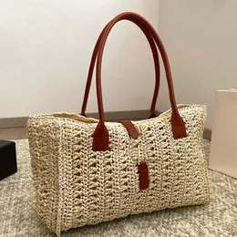 Designer Straw Bag Woven Tote Bag Hollow Out Handbag Vegetable Basket Casual Shoulder Bag Weekend Travel Bag Metal Letter Hasp Leather Handle Large Capacity Purse