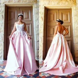 Dresses Spaghetti 2018 Pink Evening Dresses With White Lace Applique Sleeveless ALine Prom Gowns Backless Sweep Train Custom Made Vestido