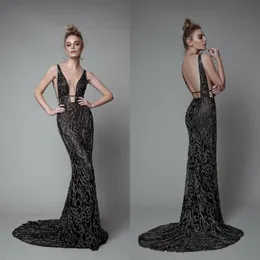 Svart berta aftonklänning Deep V Neck Backless Illusion Mermaid Dresses Evening Wear Full Beads Sexig Elegant Prom Dress Formal Occa6969538