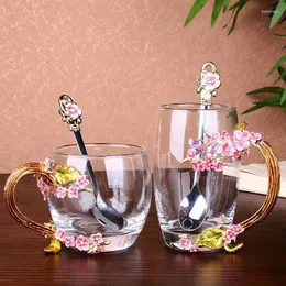 Weingläser Emaille Kaffee Blume Teebecher 3D Rose Schmetterling Glas Tassen Bringen Sie Löffel Set und kalte Getränke Hochzeitsgeschenk