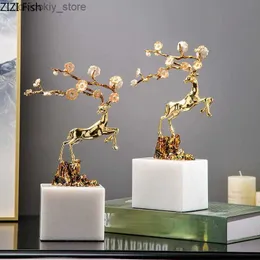 Arts and Crafts olden Metal Simulation Animal Sculpture Copper Sika Deer olden Deer Artificial Flower Plum Blossom Marble Base Home DecorationL2447