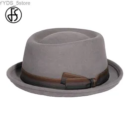 قبعات حافة واسعة للجنسين دلو FS Roll Pork Pie Mens Gray Jazz Hat Gentlemens Fleece Fedoras Church Panama Gorras Para Hombres YQ240407 AD