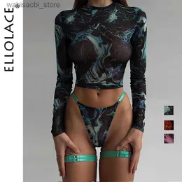 Sexy Set Ellolace Tieb Dye bieliznę z długimi rękawami koronki See przez zmysłowe zestawy erotyczne 4-częściowy sexy bezproblemowy erotyczny bieliznę L2447