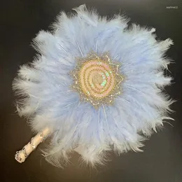 Decorative Figurines Customize Wedding Feather Fan Baby Blue Bride Handmade With Sequin DIY Hand Held Po Props Born Pography