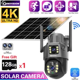 Kameralar 4K 8MP Otomatik İzleme CCTV WIFI PTZ IP Kamera Yerleşik Pil Güneş Powered Çift Lens Kablosuz Dış Mekan WiFi Gözetleme Kamera