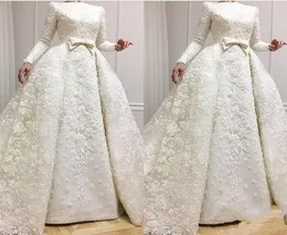 2019 Eleganckie koronki z długim rękawem muzułmańskie sukienki ślubne ALINE Applique plus rozmiar z łuk ślubne suknie ślubne Vestido de novia BRI8281399