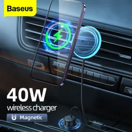 Chargers Baseus 40W Magnetic Wireless Charger Car Phone Holder Stand Induktion Snabb laddning av USB C -billaddare för iPhone 14 13 12 Pro