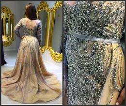 Luxusperlen -Pailletten Aline Long Sleeve Wunderschöne Abendkleider mit Schärpe Illusion Rücken sexy Festzug Prom Kleiderkleider Exquis6336131