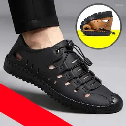 Casual Shoes Summer Men Hollow Breathable Sports Soft Sole Leather Outdoor Hole Sandals Dad